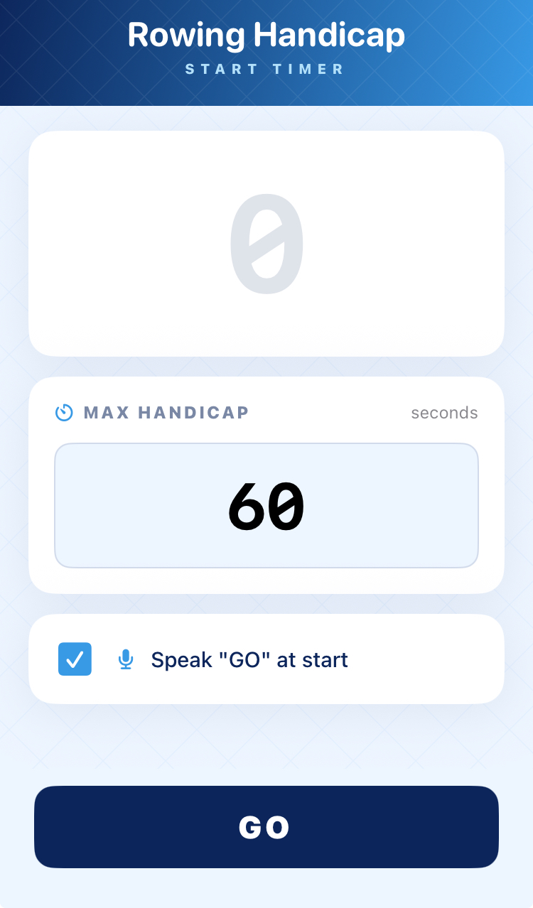 Screenshot of the Rowing Handicap Start Timer iOS app